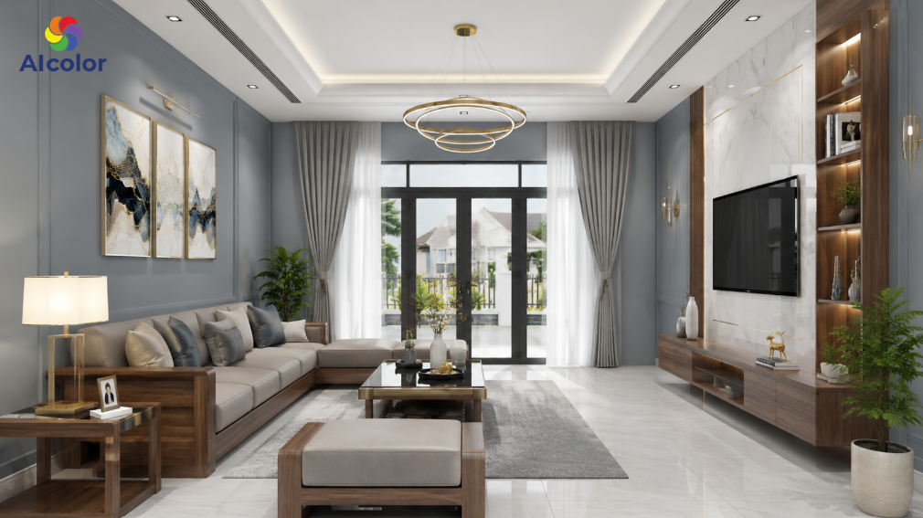 Sơn ph&ograve;ng kh&aacute;ch m&agrave;u x&aacute;m xanh hiện đại, sang trọng