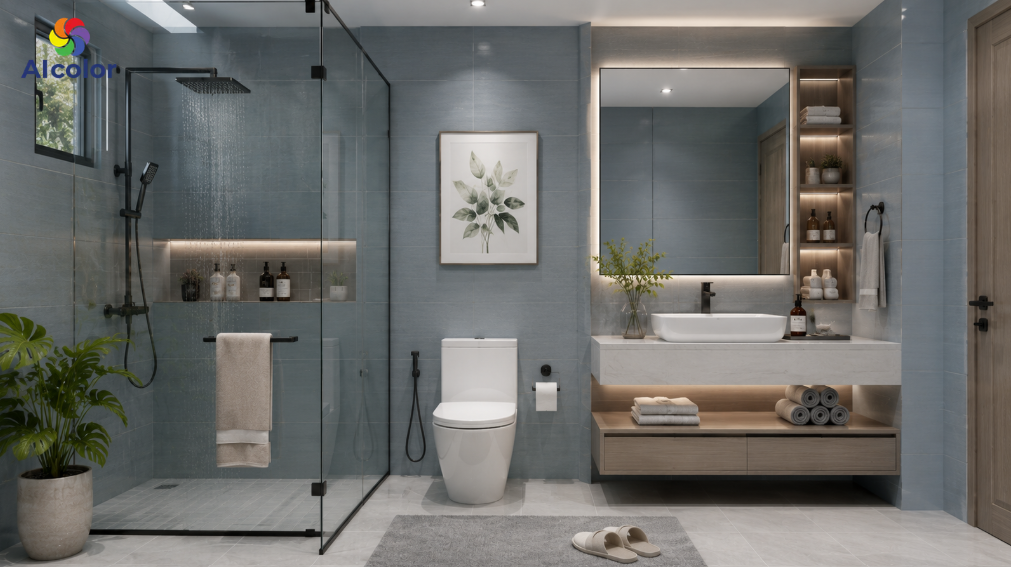 Sơn ph&ograve;ng bếp m&agrave;u x&aacute;m xanh tinh tế, sạch sẽ