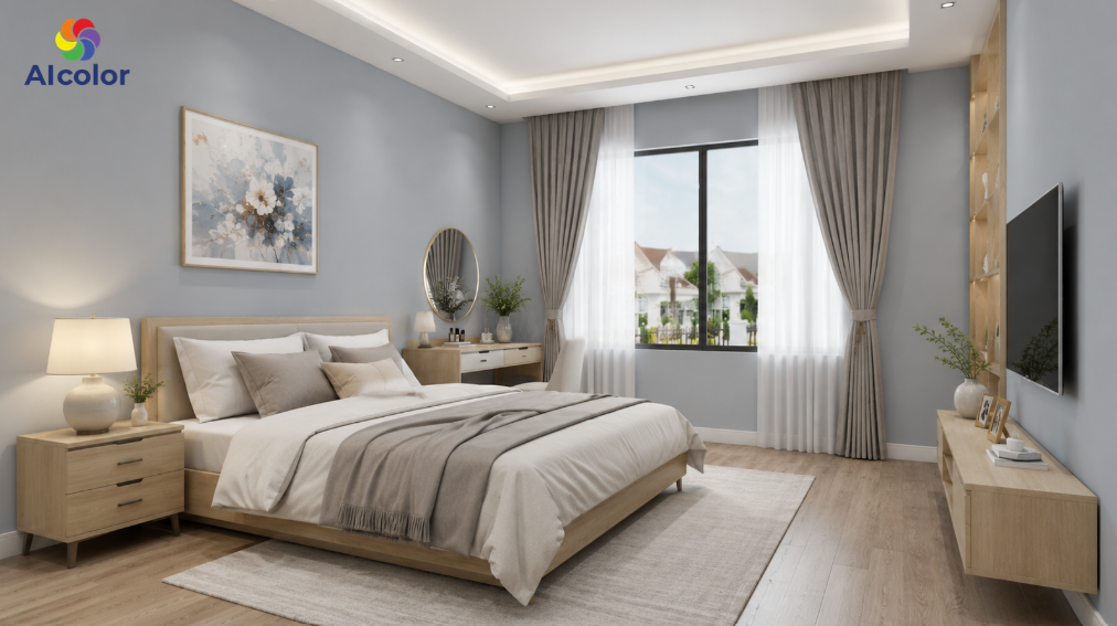 Sơn ph&ograve;ng ngủ m&agrave;u x&aacute;m xanh &ecirc;m dịu, thư gi&atilde;n