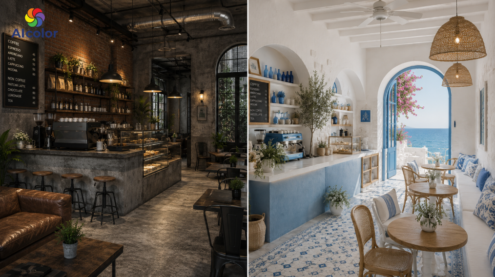 M&agrave;u sơn qu&aacute;n cafe phong c&aacute;ch Industrial c&aacute; t&iacute;nh v&agrave; Địa Trung Hải