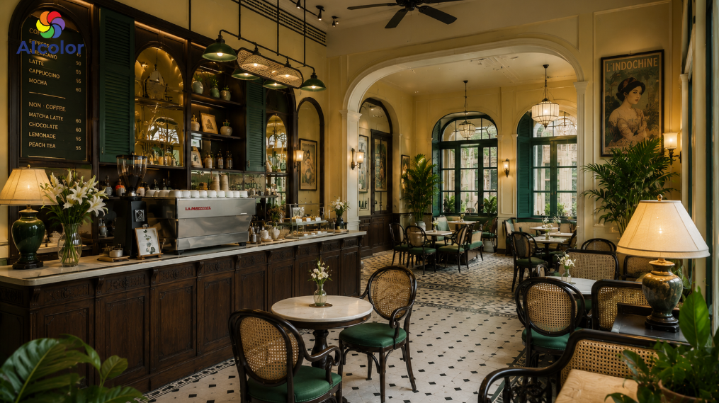 M&agrave;u sơn qu&aacute;n cafe phong c&aacute;ch cổ điển v&agrave; Indochine thanh lịch