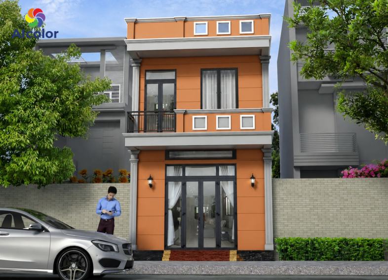 Sơn mặt tiền nh&agrave; phố m&agrave;u cam đất ấn tượng