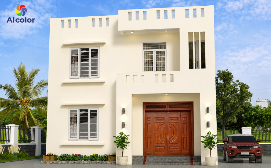 Sơn mặt tiền nh&agrave; phố m&agrave;u trắng sứ &aacute;nh v&agrave;ng hiện đại