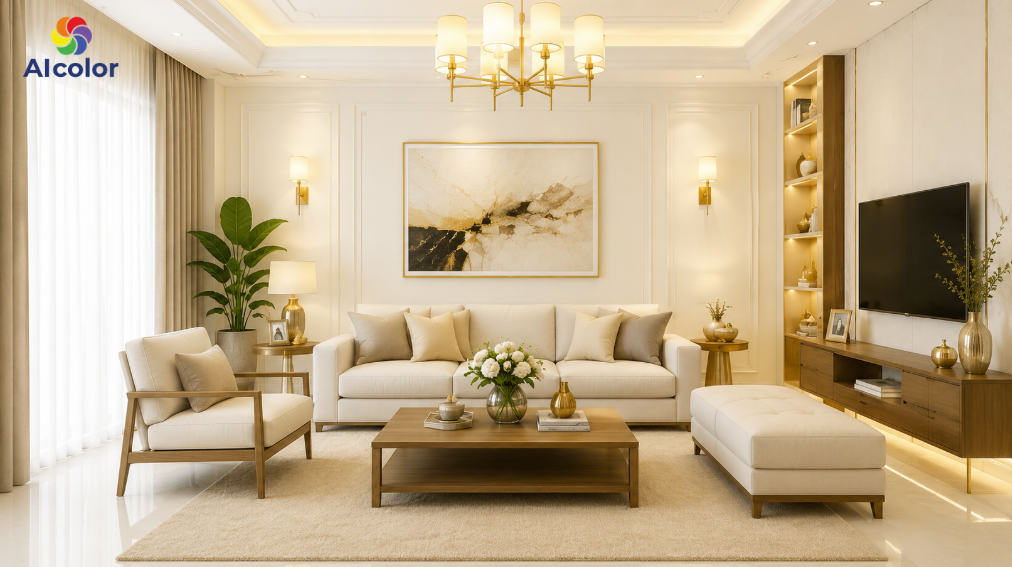 Sơn ph&ograve;ng kh&aacute;ch m&agrave;u trắng sứ &aacute;nh v&agrave;ng thanh lịch, thời thượng