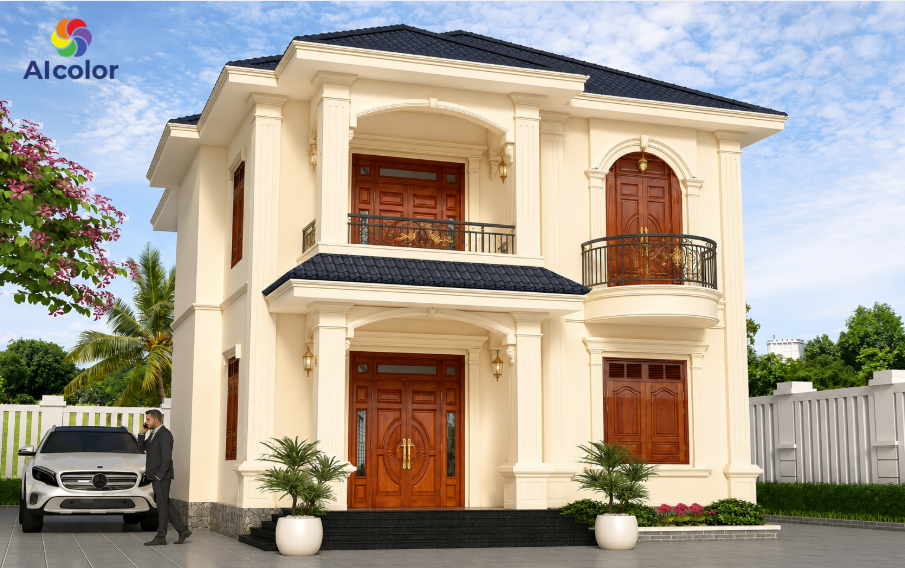 Biệt thự m&aacute;i Nhật sơn m&agrave;u trắng &aacute;nh v&agrave;ng