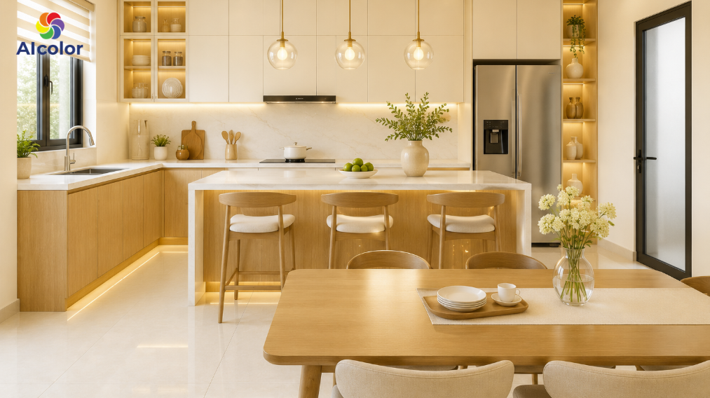 Sơn ph&ograve;ng bếp m&agrave;u trắng sứ &aacute;nh v&agrave;ng sạch sẽ, giữ lửa