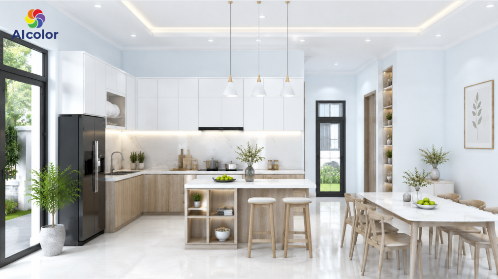 Sơn ph&ograve;ng bếp m&agrave;u trắng &aacute;nh xanh sạch sẽ