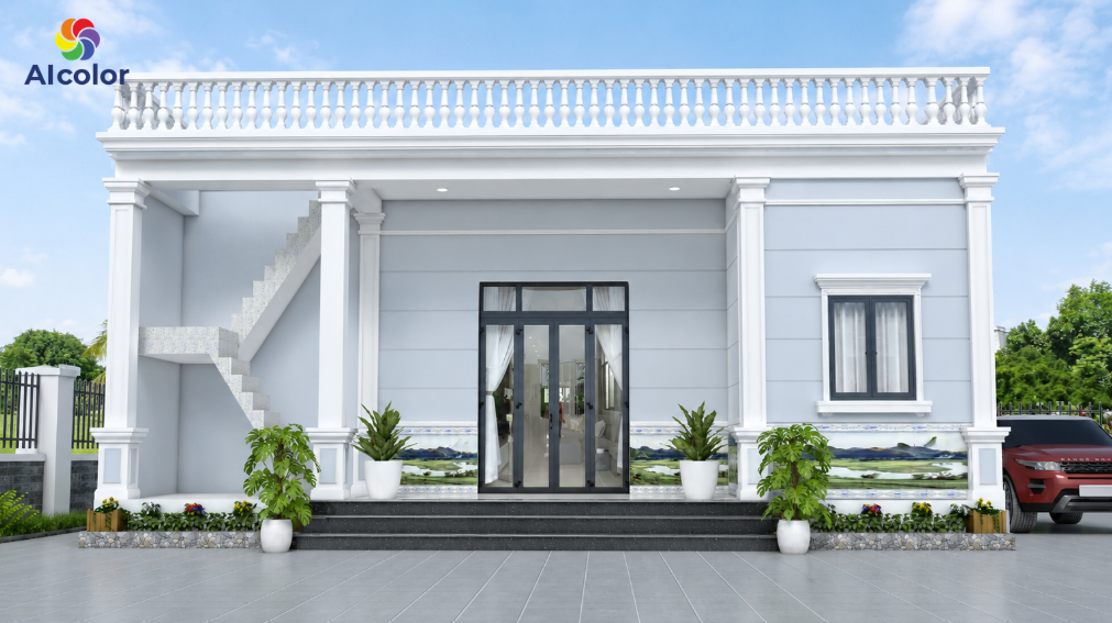 Sơn mặt tiền nh&agrave; cấp 4 m&agrave;u trắng xanh ghi