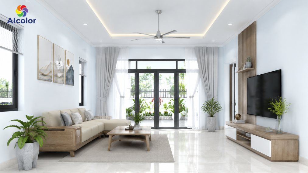 Sơn ph&ograve;ng kh&aacute;ch m&agrave;u trắng &aacute;nh xanh
