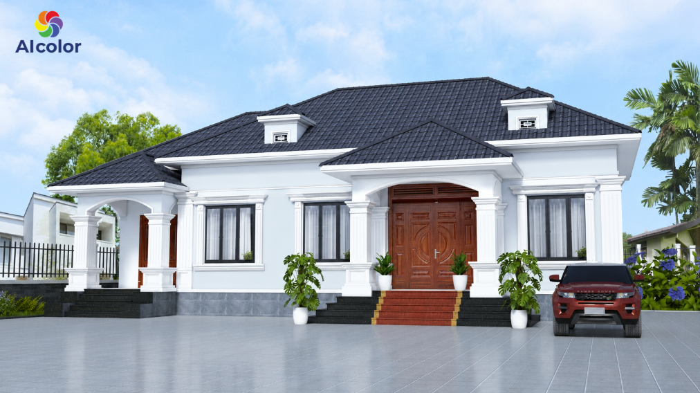 Sơn mặt tiền nh&agrave; cấp 4 m&agrave;u trắng &aacute;nh xanh tinh tế