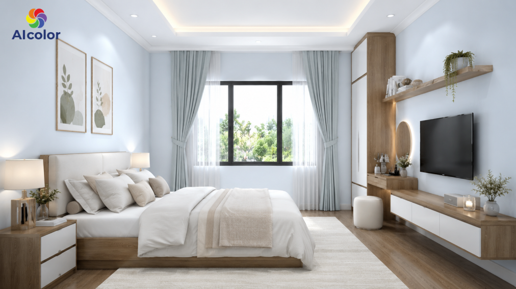 Sơn ph&ograve;ng ngủ m&agrave;u trắng &aacute;nh xanh thư gi&atilde;n