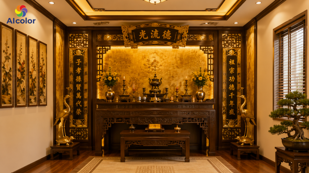 Ph&ograve;ng thờ tone m&agrave;u v&agrave;ng kim