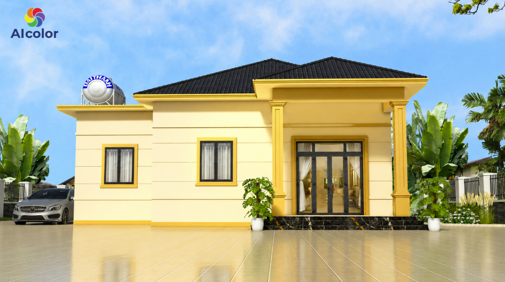 Mẫu sơn mặt tiền nh&agrave; m&agrave;u v&agrave;ng &aacute;nh kim