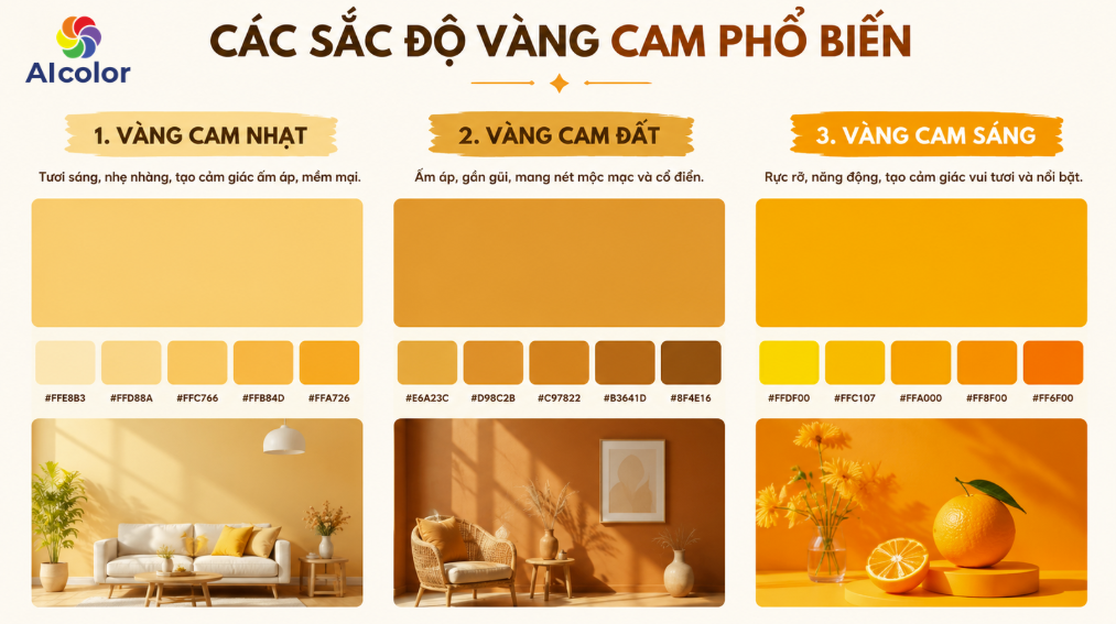 C&aacute;c sắc độ v&agrave;ng cam phổ biến