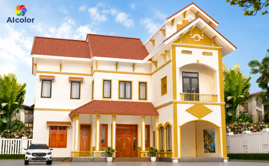 Sơn nh&agrave; m&aacute;i Th&aacute;i 2 tầng m&agrave;u v&agrave;ng đồng