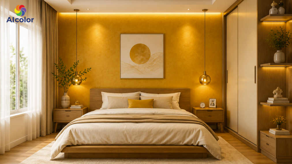 Sơn ph&ograve;ng ngủ m&agrave;u v&agrave;ng đồng ấm &aacute;p, tạo mảng tường nhấn