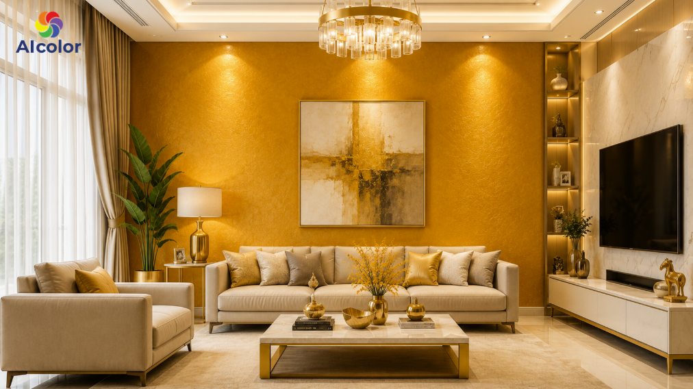 Sơn ph&ograve;ng kh&aacute;ch m&agrave;u v&agrave;ng đồng sang trọng, nổi bật
