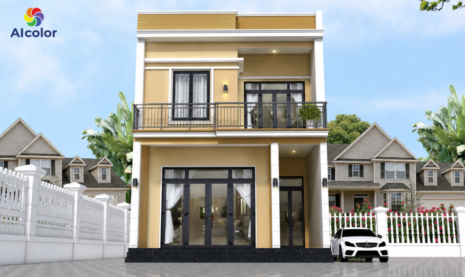 Sơn mặt tiền nh&agrave; phố sử dụng m&agrave;u v&agrave;ng n&acirc;u hiện đại