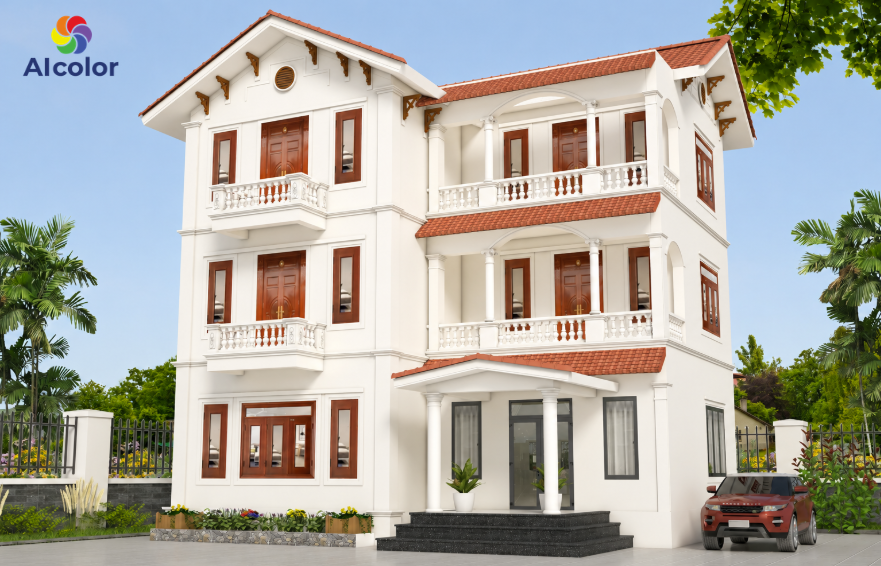 M&agrave;u sơn mặt tiền ấn tượng của căn nh&agrave; m&aacute;i Th&aacute;i 3 tầng
