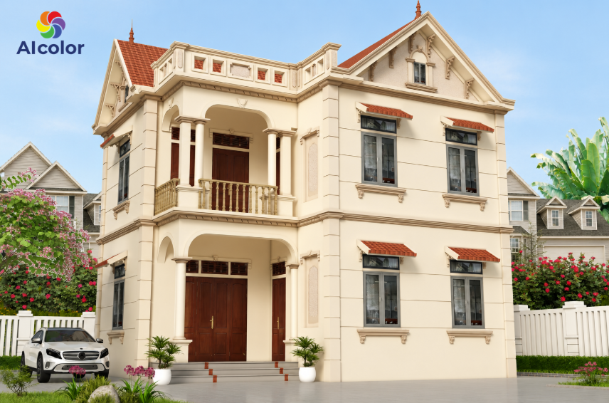 M&agrave;u sơn mặt tiền ấn tượng của căn nh&agrave; m&aacute;i Th&aacute;i 2 tầng